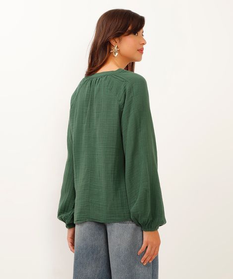 blusa bata de algodão decote v manga longa verde