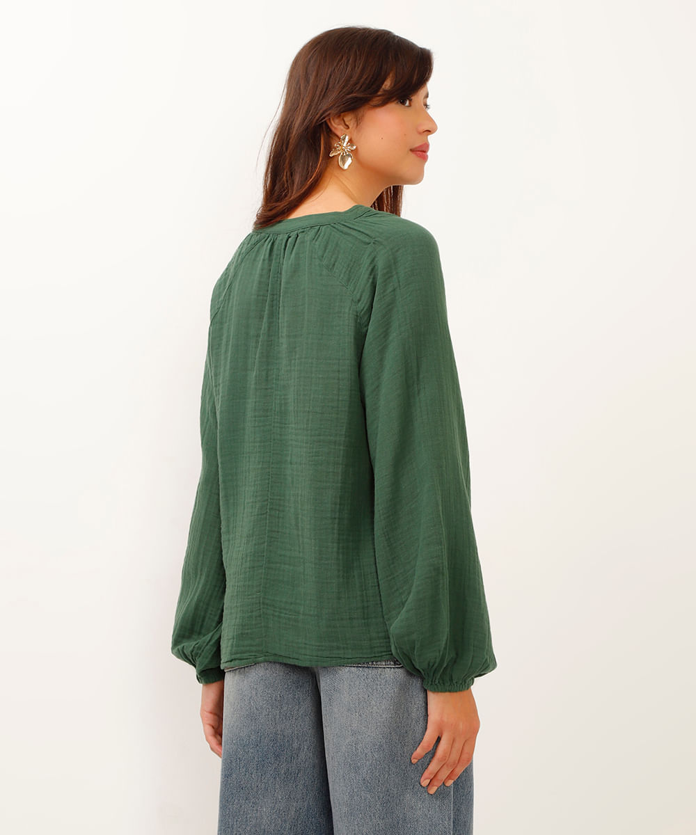 blusa bata de algodão decote v manga longa verde