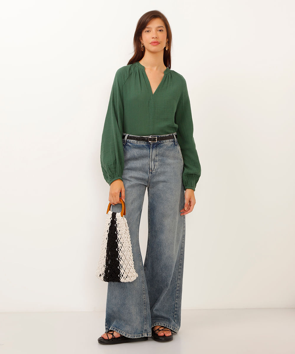 blusa bata de algodão decote v manga longa verde