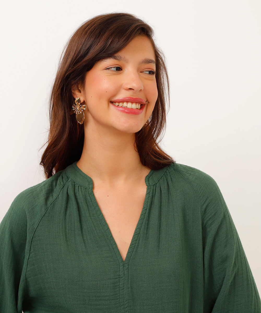 blusa bata de algodão decote v manga longa verde