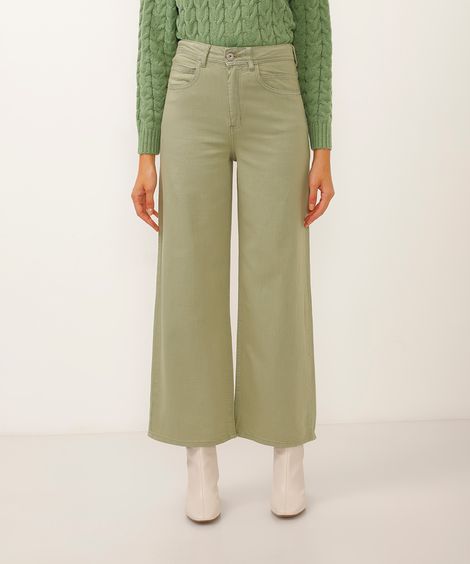 calça de sarja wide leg cropped cintura super alta verde