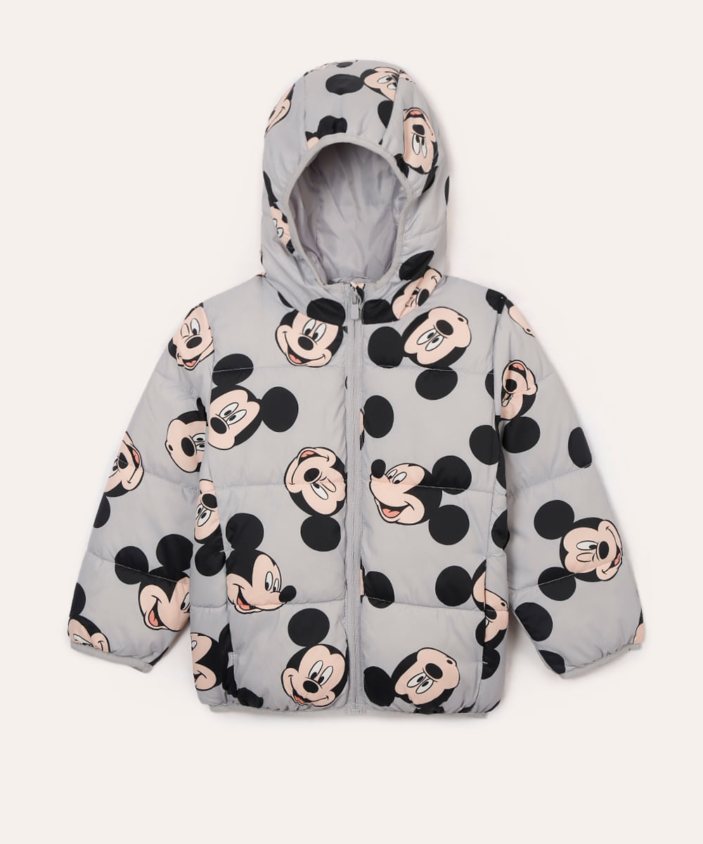 jaqueta puffer infantil mickey com capuz  cinza
