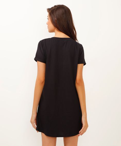 vestido curto de algodão básico manga curta decote redondo com bolso preto