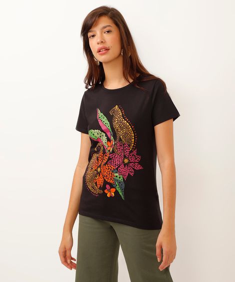 Camiseta de Algodão Onça Pintada com Flores Manga Curta Decote Redondo  Preta