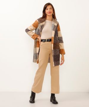 calça de sarja wide leg cropped cintura super alta bege