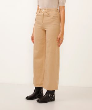 calça de sarja wide leg cropped cintura super alta bege