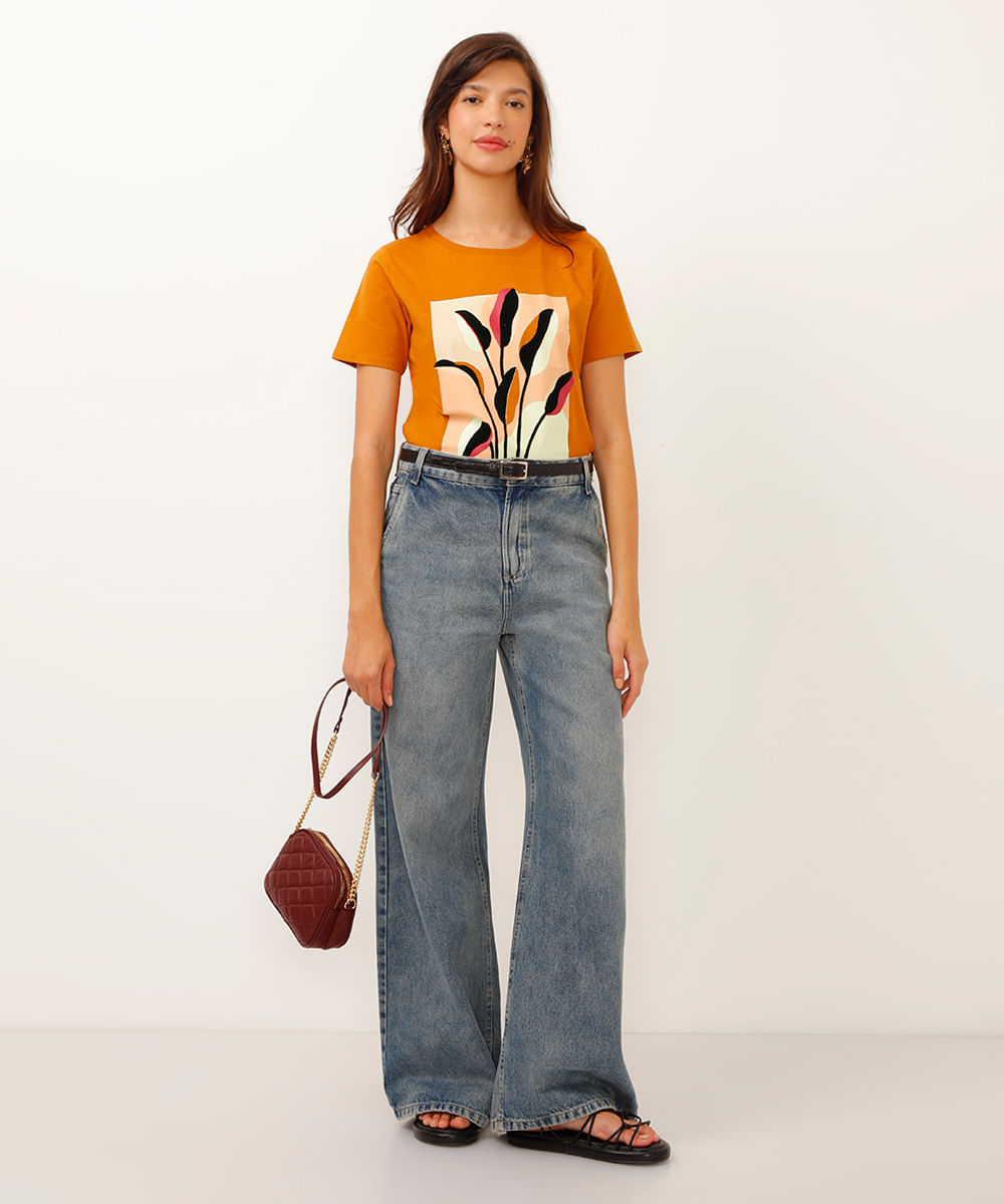 camiseta de algodão manga curta folhagem marrom