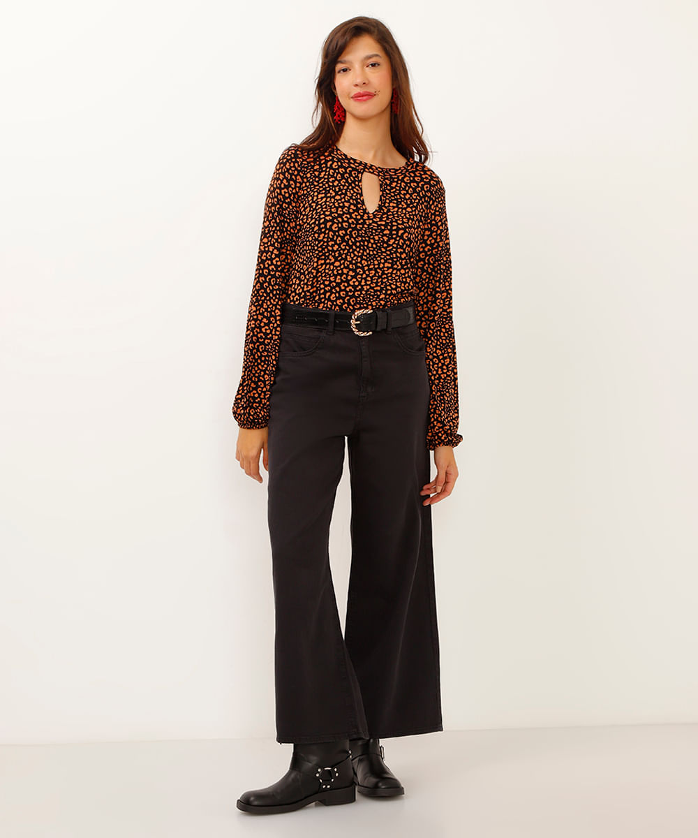 blusa de viscose manga longa animal print preta