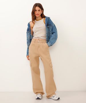 calça wide leg cargo de sarja cintura alta bege