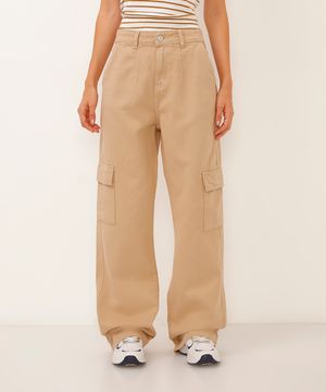 calça wide leg cargo de sarja cintura alta bege