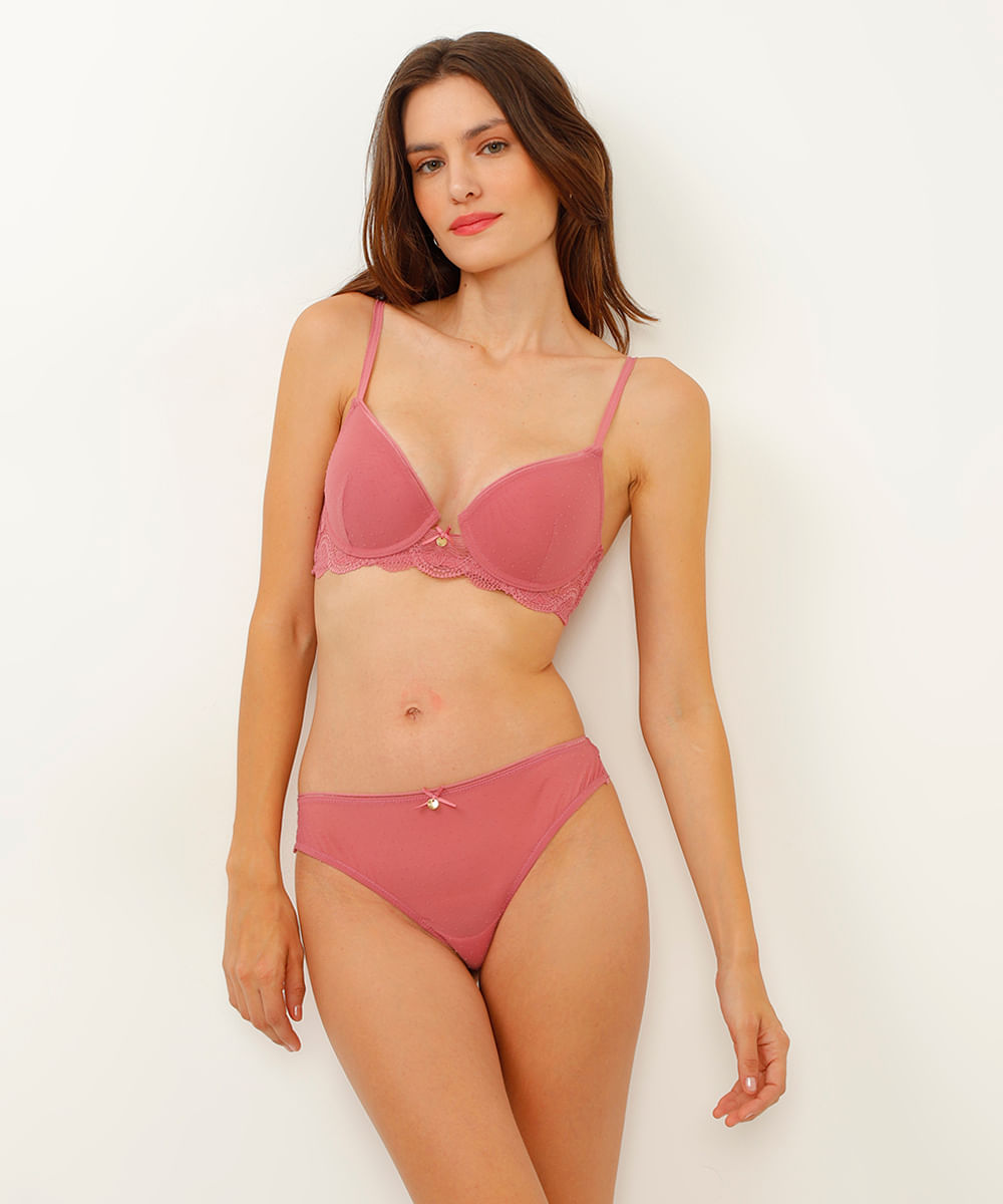 sutiã meia taça bojo fixo tule e renda rosa