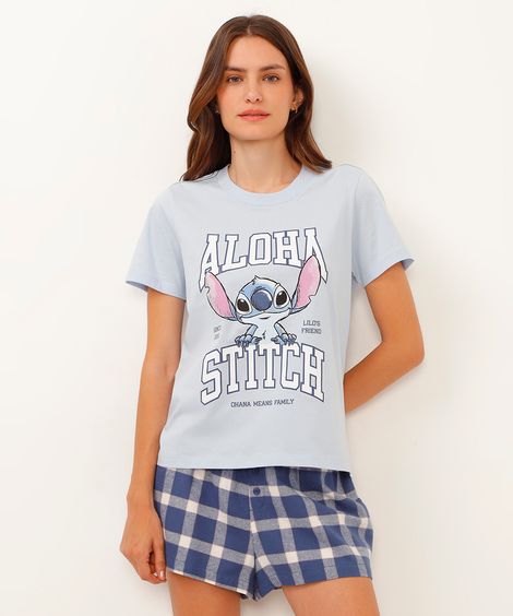 camiseta de pijama manga curta aloha stitch azul