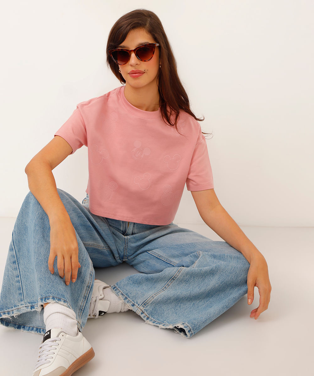 camiseta de moletinho cropped mickey rosa