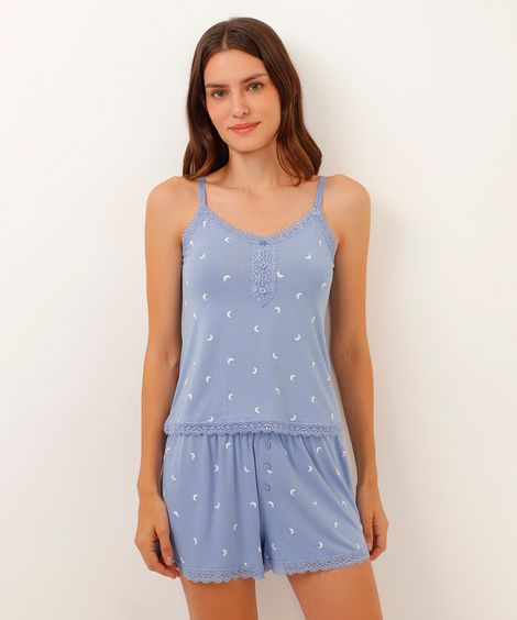regata de pijama viscose com botões e renda lua azul
