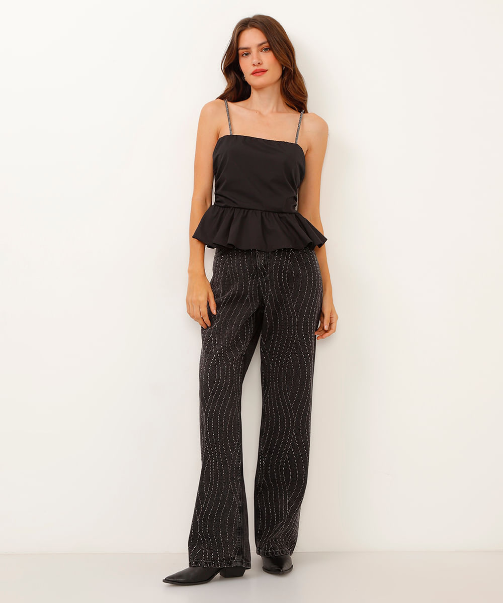 calça jeans wide leg slim cintura alta com brilhos preta