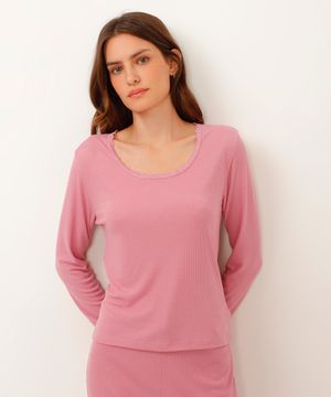 blusa de pijama manga longa com renda rosa