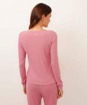 blusa de pijama manga longa com renda rosa