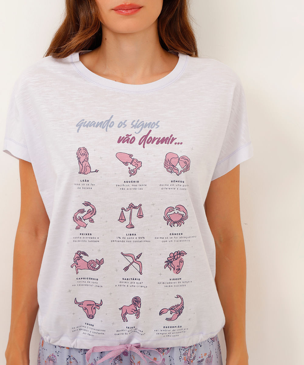 pijama de algodão longo signos branco