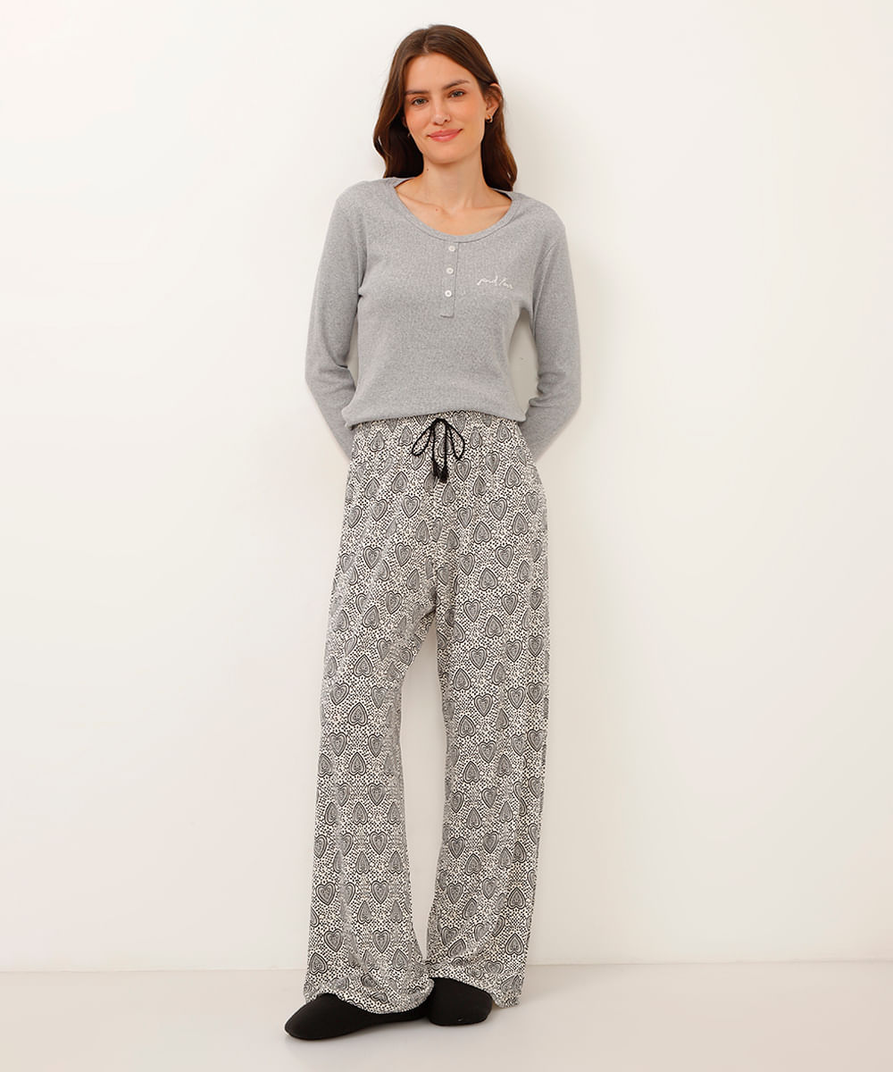 pijama de algodão longo com coração find love cinza