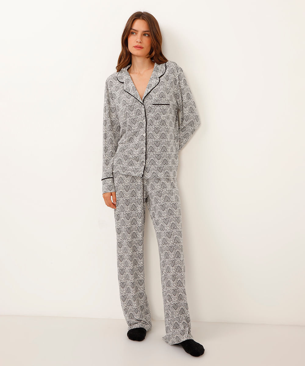 pijama americano longo coração boho off white