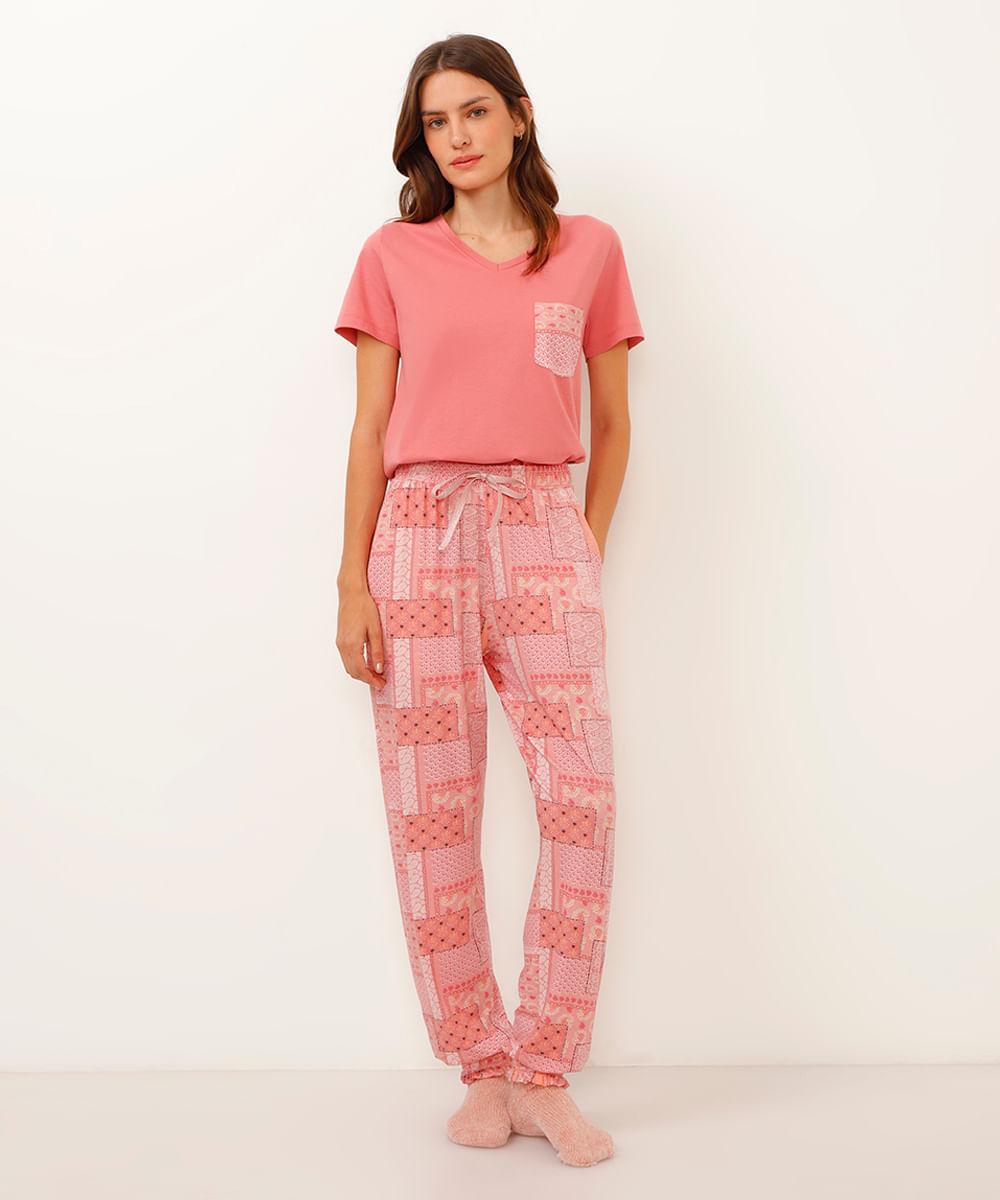 pijama de algodão longo paisley rosa
