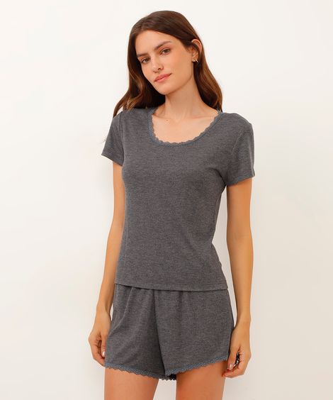 camiseta de pijama manga curta canelado com renda cinza