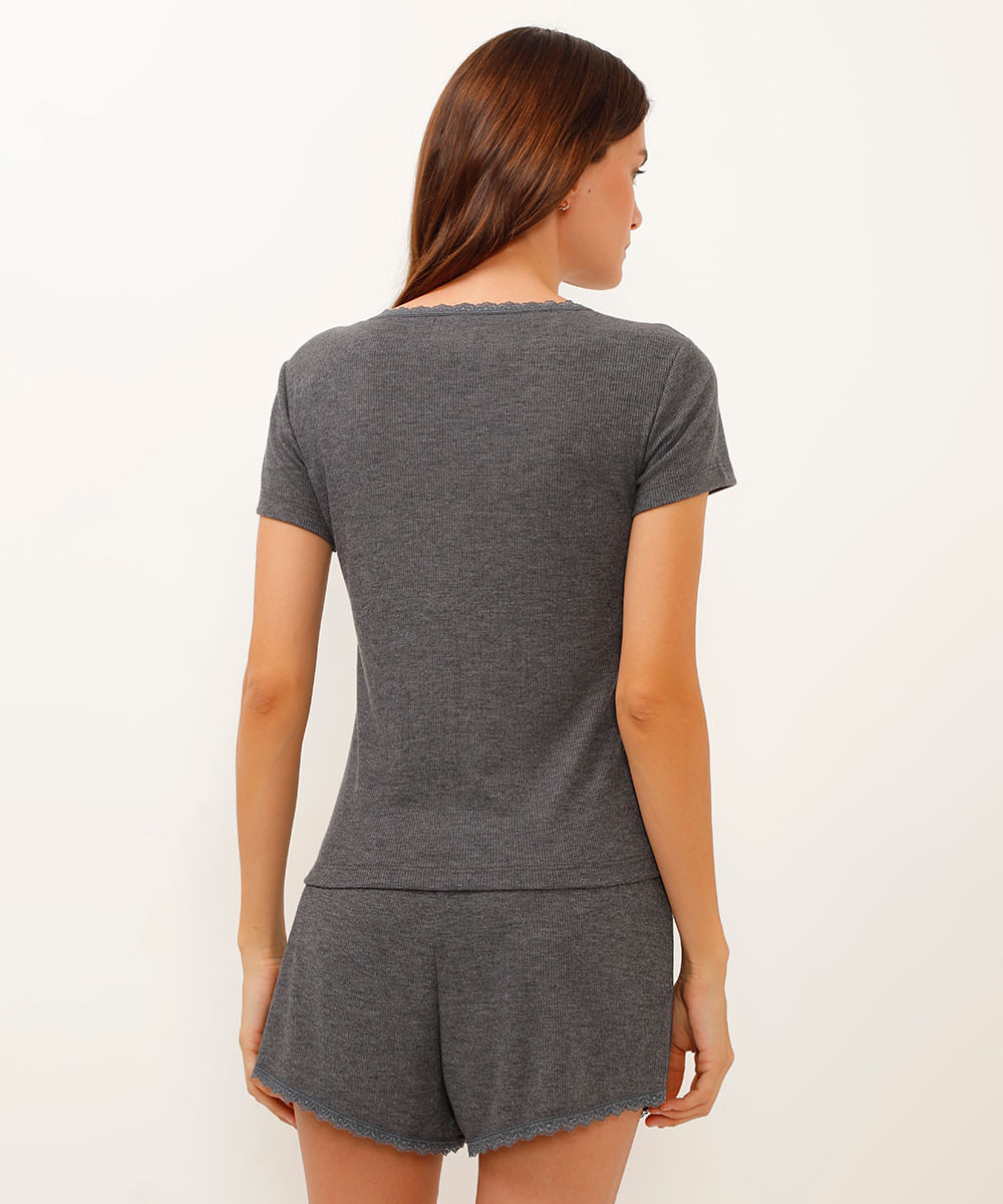 camiseta de pijama manga curta canelado com renda cinza