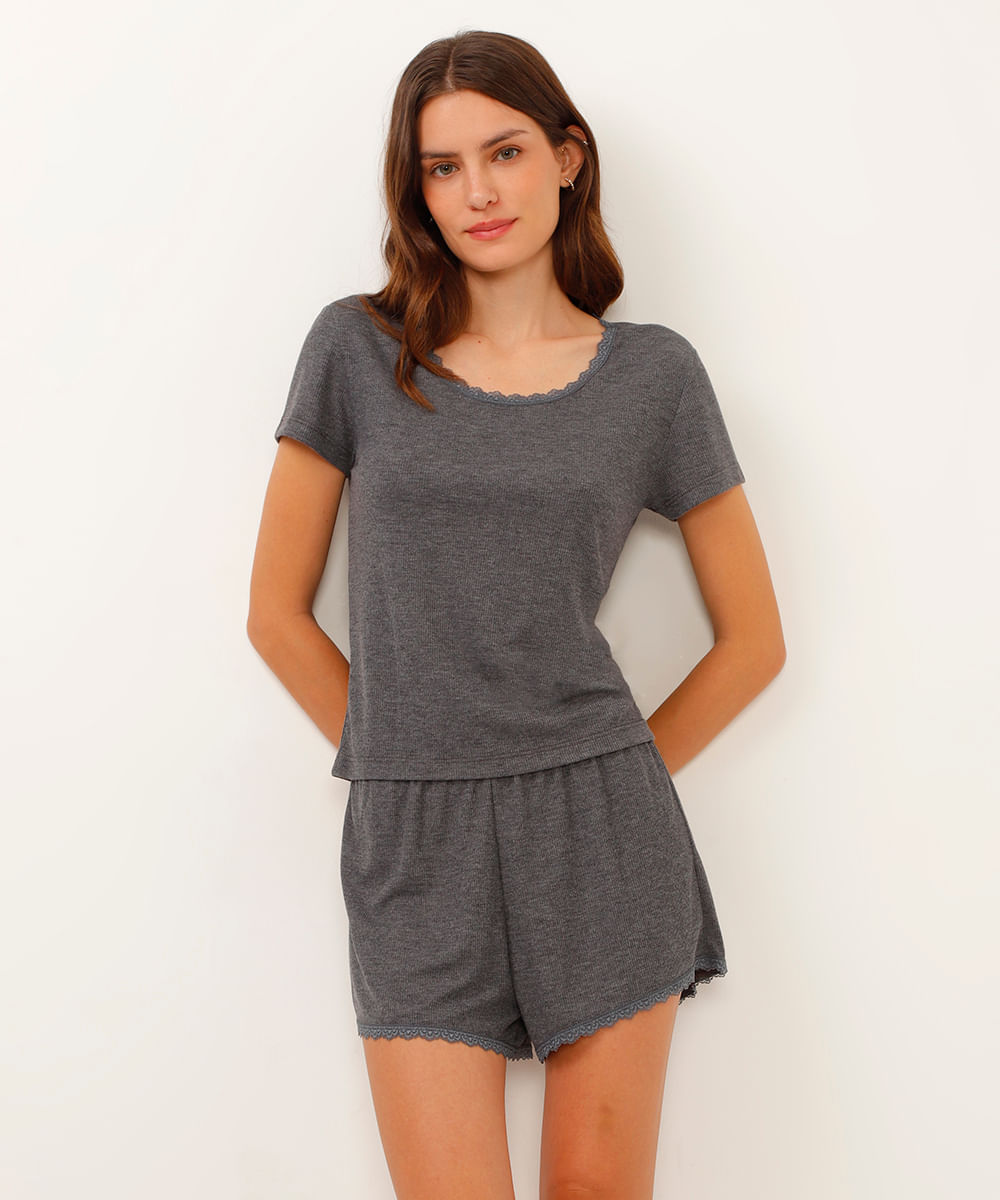 camiseta de pijama manga curta canelado com renda cinza