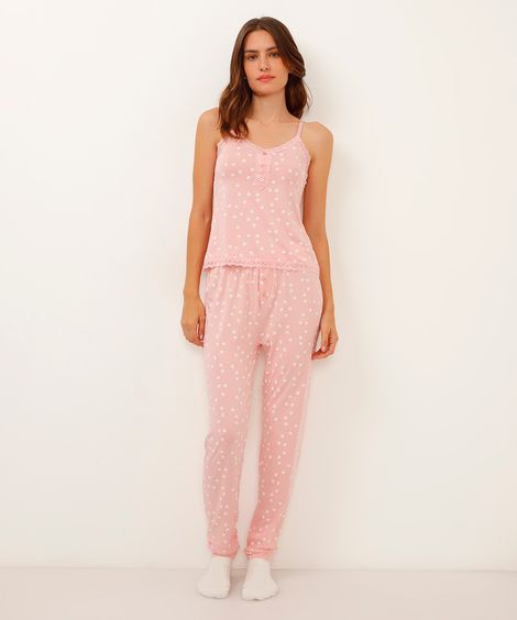 calça de pijama reta com botão floral rosa