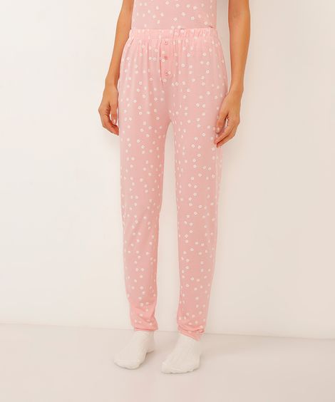 calça de pijama reta com botão floral rosa
