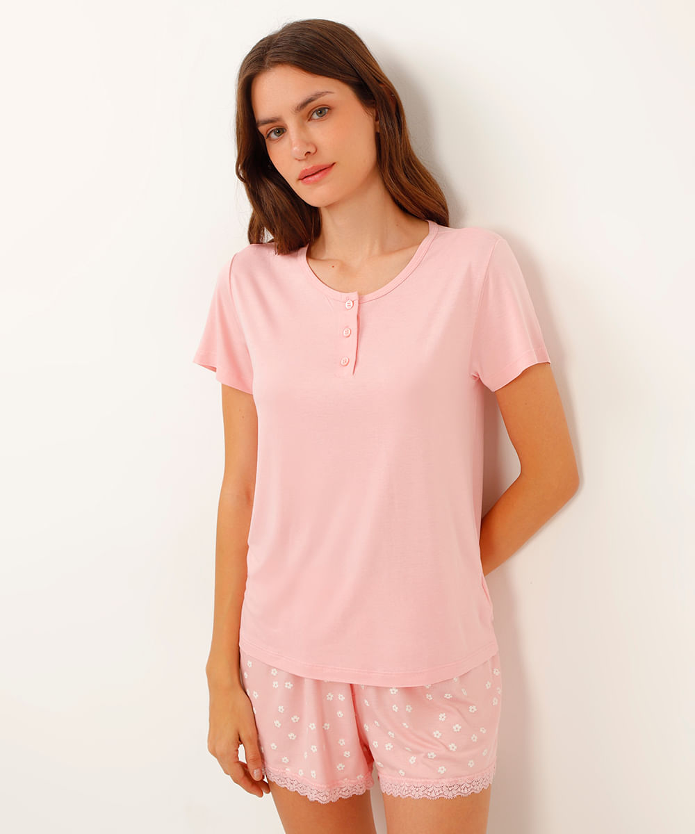 camiseta de pijama viscose com botões rosa