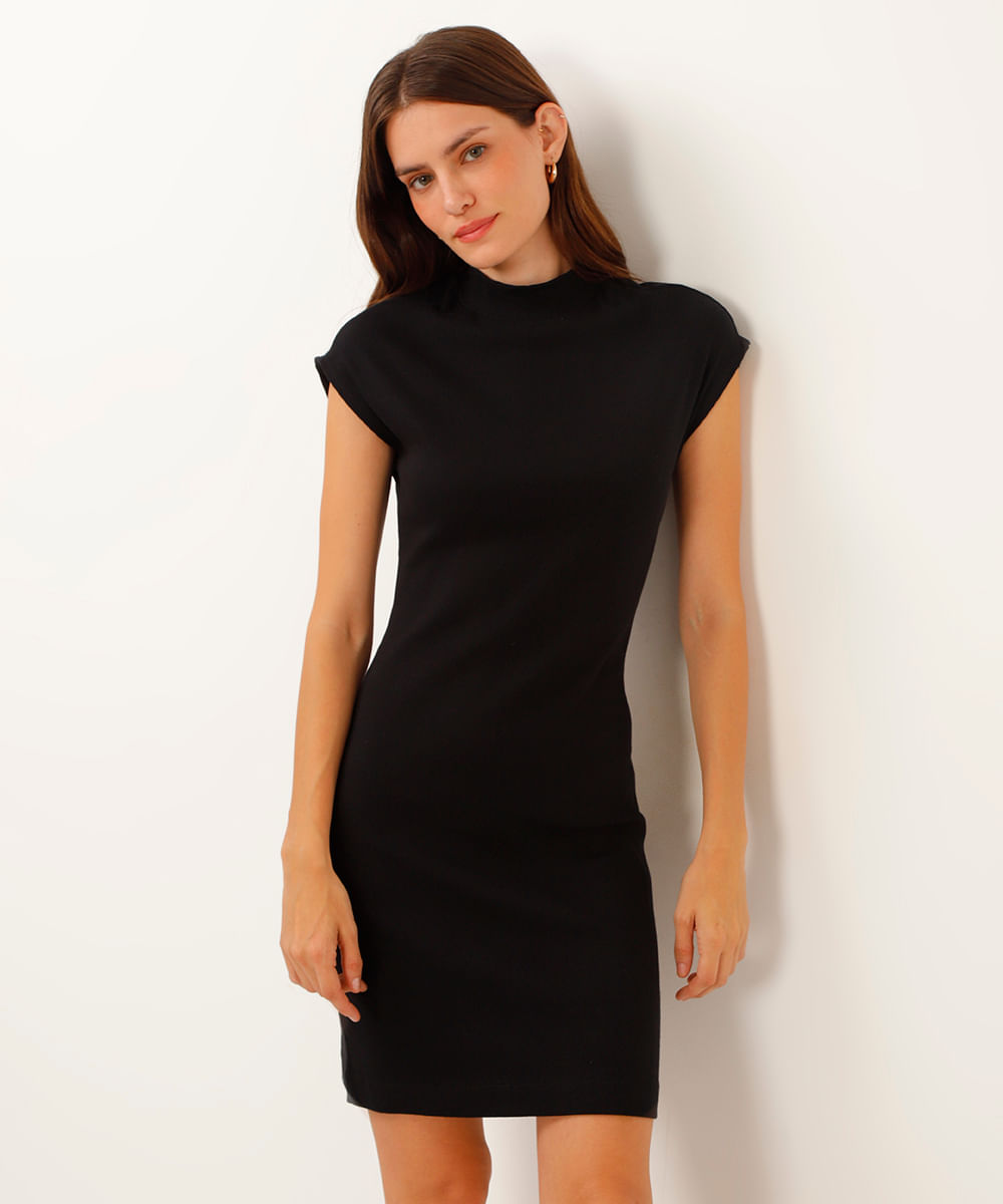 vestido de algodão gola alta manga japonesa preto