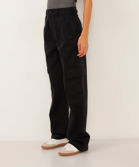 calça wide leg cargo de sarja cintura alta preta