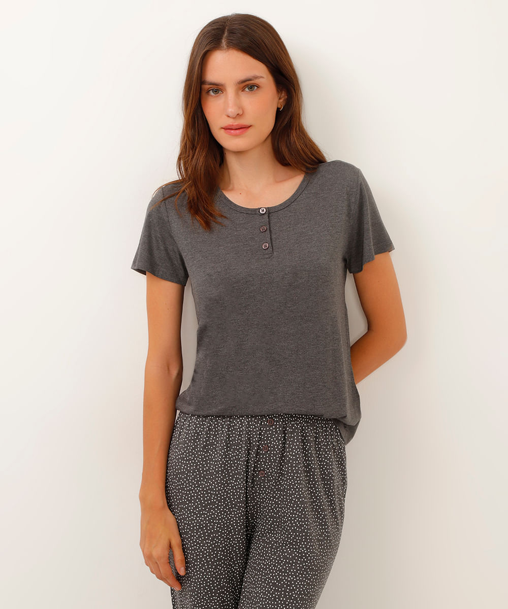 camiseta de pijama viscose com botões cinza