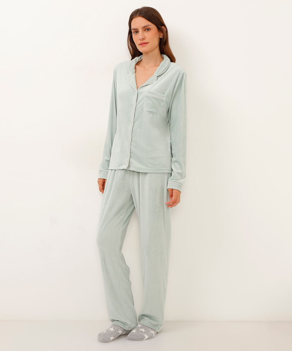 pijama americano em plush manga longa verde claro