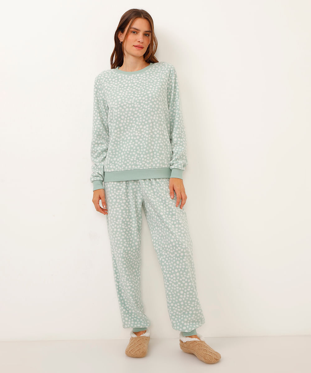pijama de fleece poá manga longa verde claro
