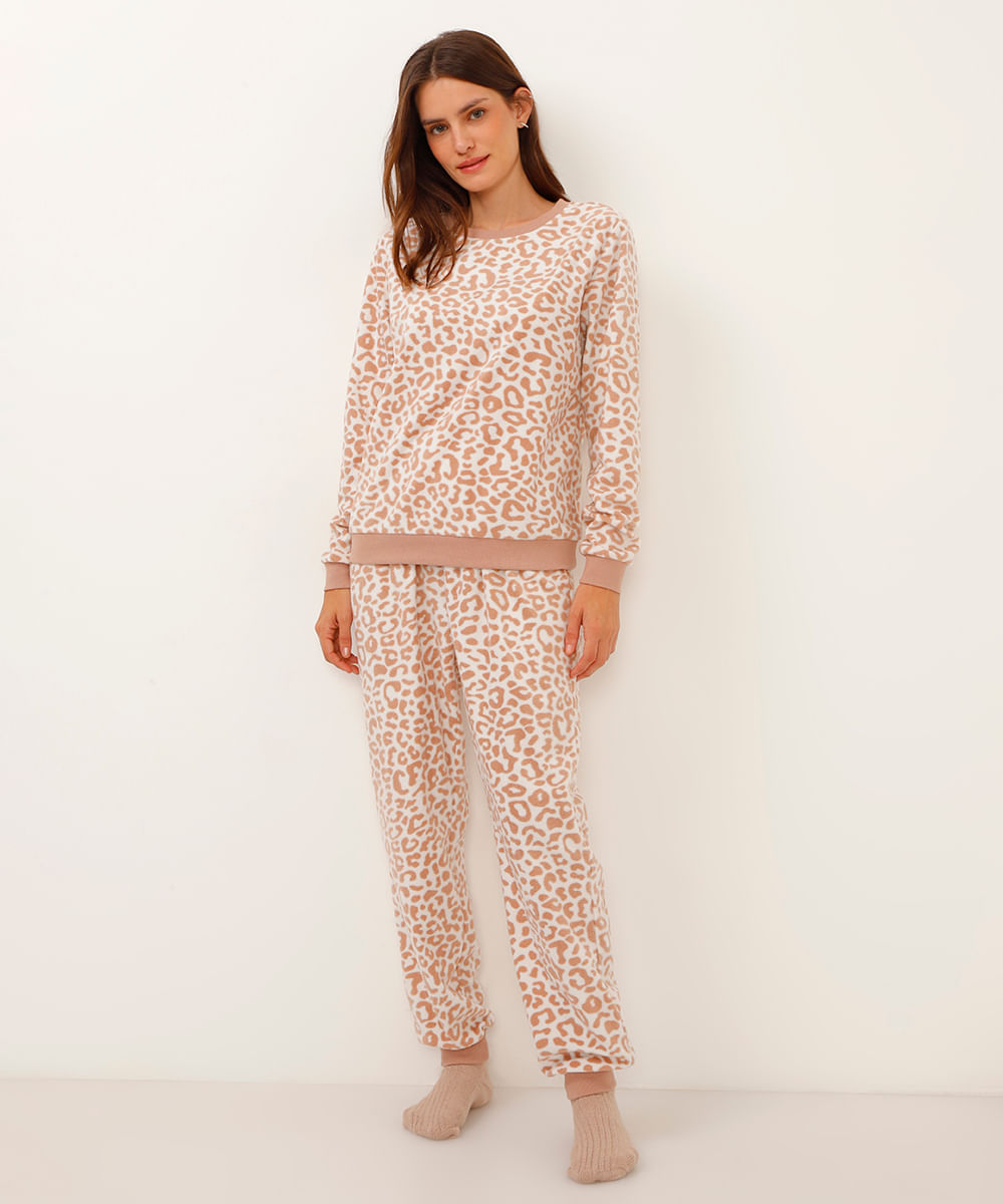 pijama de fleece animal print manga longa off white