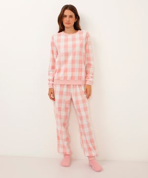 pijama de fleece xadrez manga longa rosa