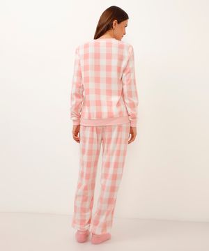 pijama de fleece xadrez manga longa rosa