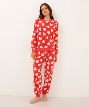 pijama de fleece corações manga longa rosê