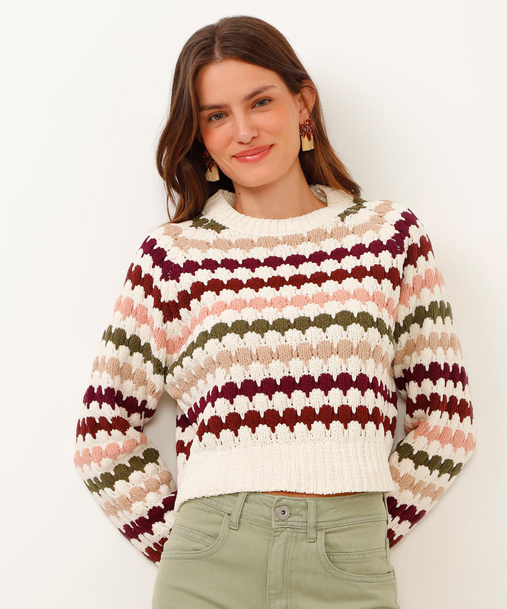 suéter de tricot chenille listrado off white