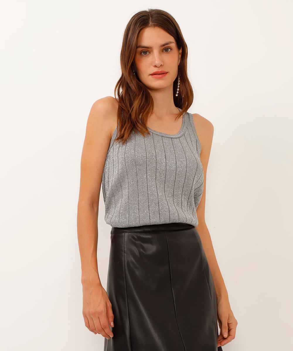regata de tricot lurex cinza