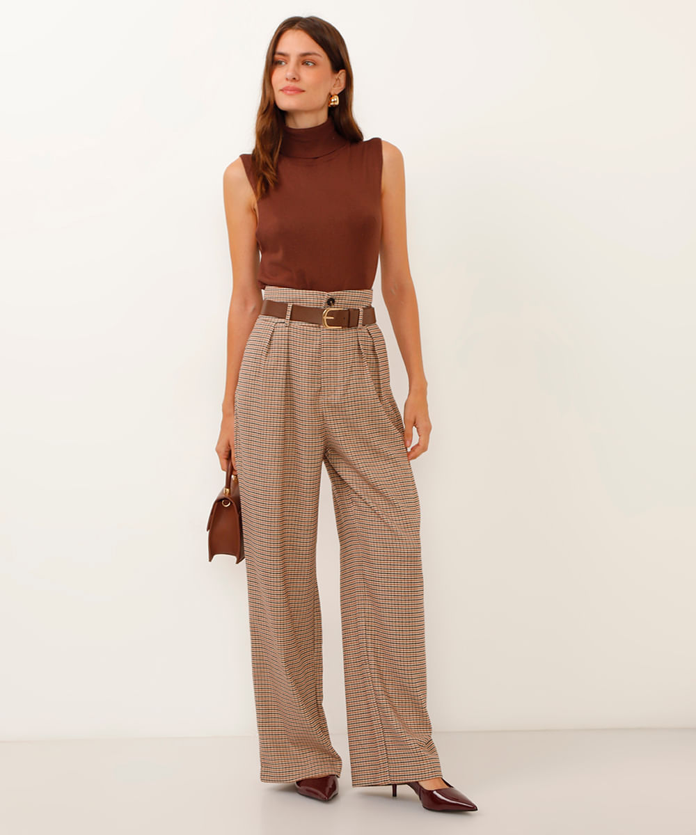 calça pantalona pied poule cintura alta com cinto marrom