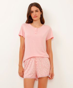 short de pijama viscose com botão e renda floral rosa