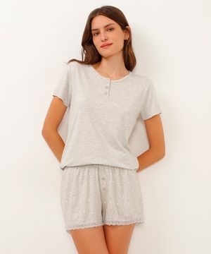 short pijama de viscose corações com renda cinza mescla