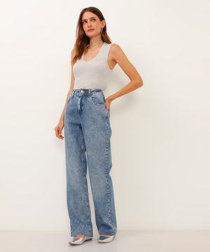 calça jeans wide leg slim com brilho cintura super alta azul