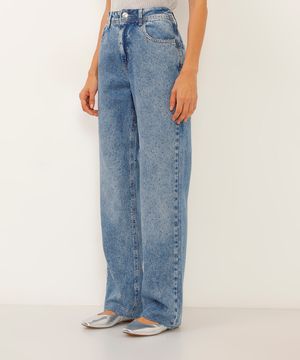calça jeans wide leg slim com brilho cintura super alta azul