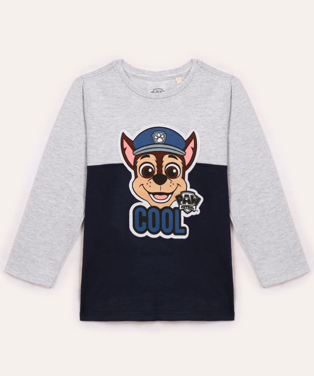 camiseta infantil manga longa patrulha canina cinza