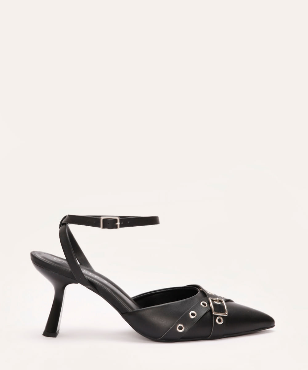 scarpin bico fino com fivela oneself preto