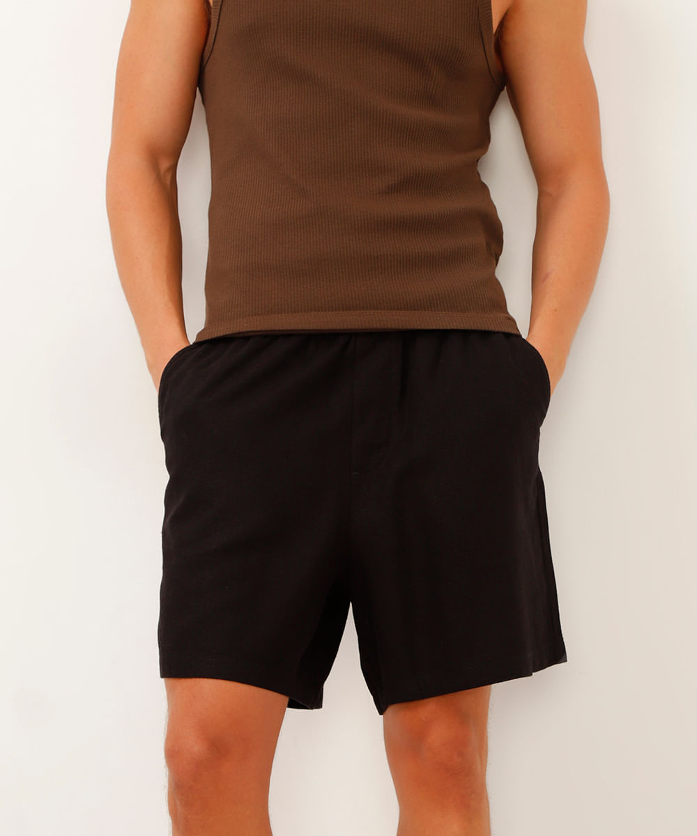 short de linho com elástico preto